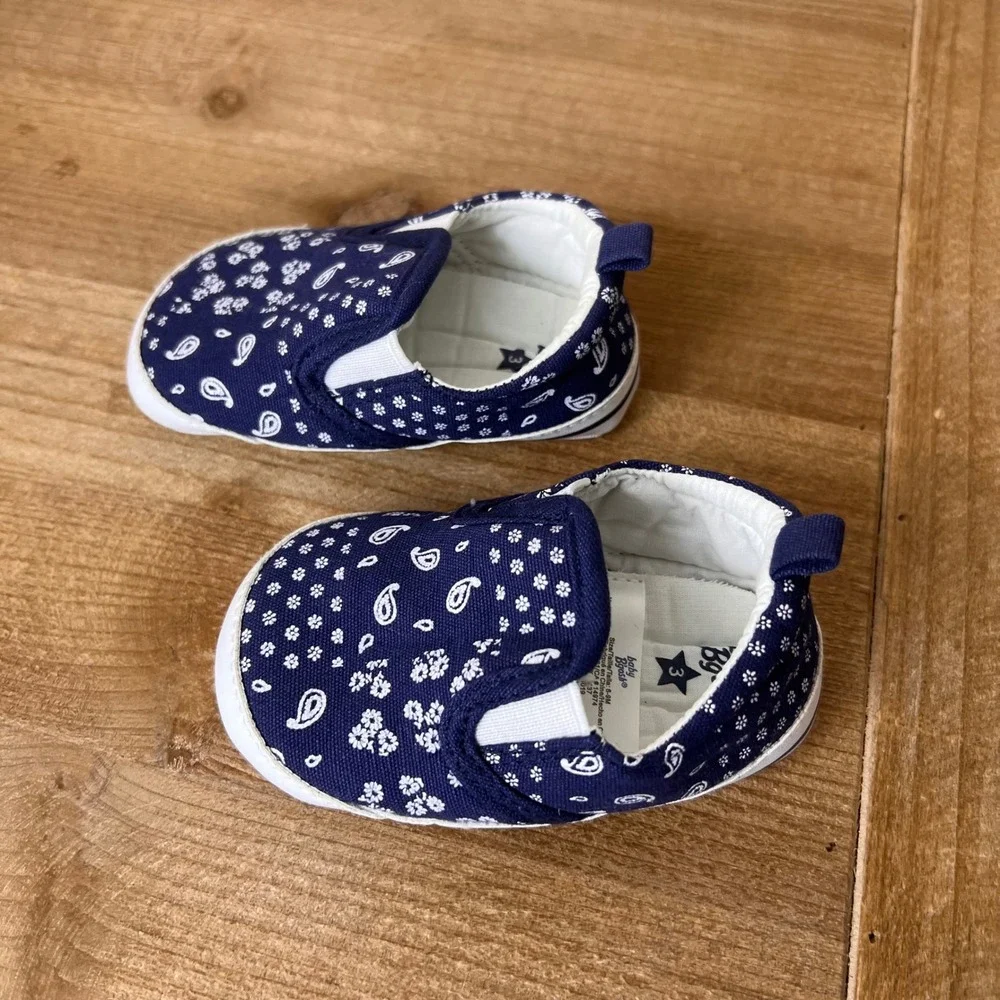 Baby B'gosh Navy Paisley Floral Slip On Crib Shoes Size 3 6-9M OK02137